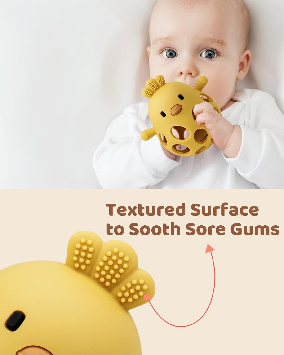 2-in-1 Baby Teething Rattle Toy, Sensory Grasping Teether for Infants 3-12 Months, 100% Food-Grade Silicone, Easy to Hold, Soothing & Developmental, BPA Free