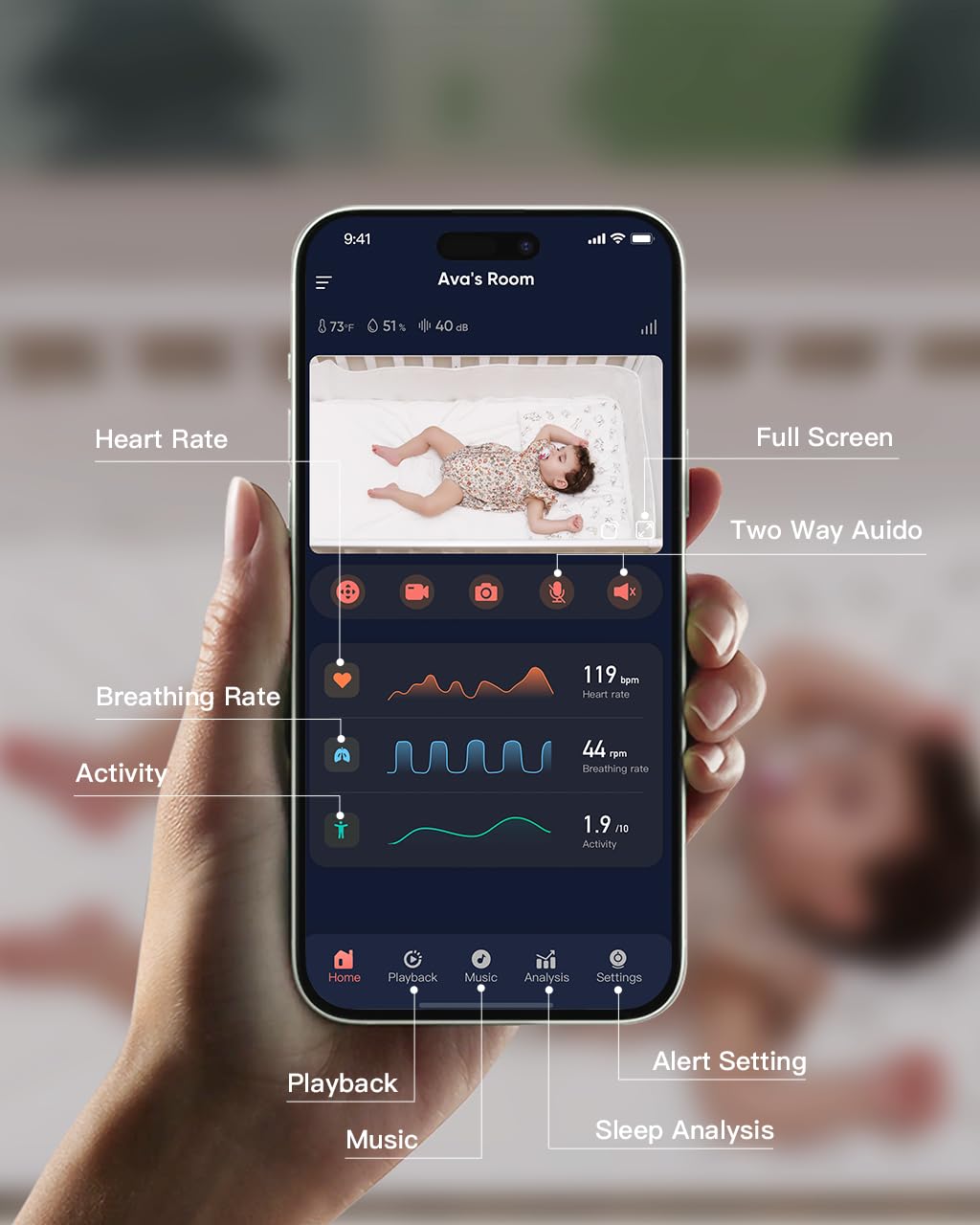 iBaby i20 Smart Baby Monitor - Contactless Monitor Heart Rate, Breathing, Sleep, Sound Machine, Cry & Safety Alerts, 1080P Night Vision, for Newborn, No Subscription (Floor Stand)