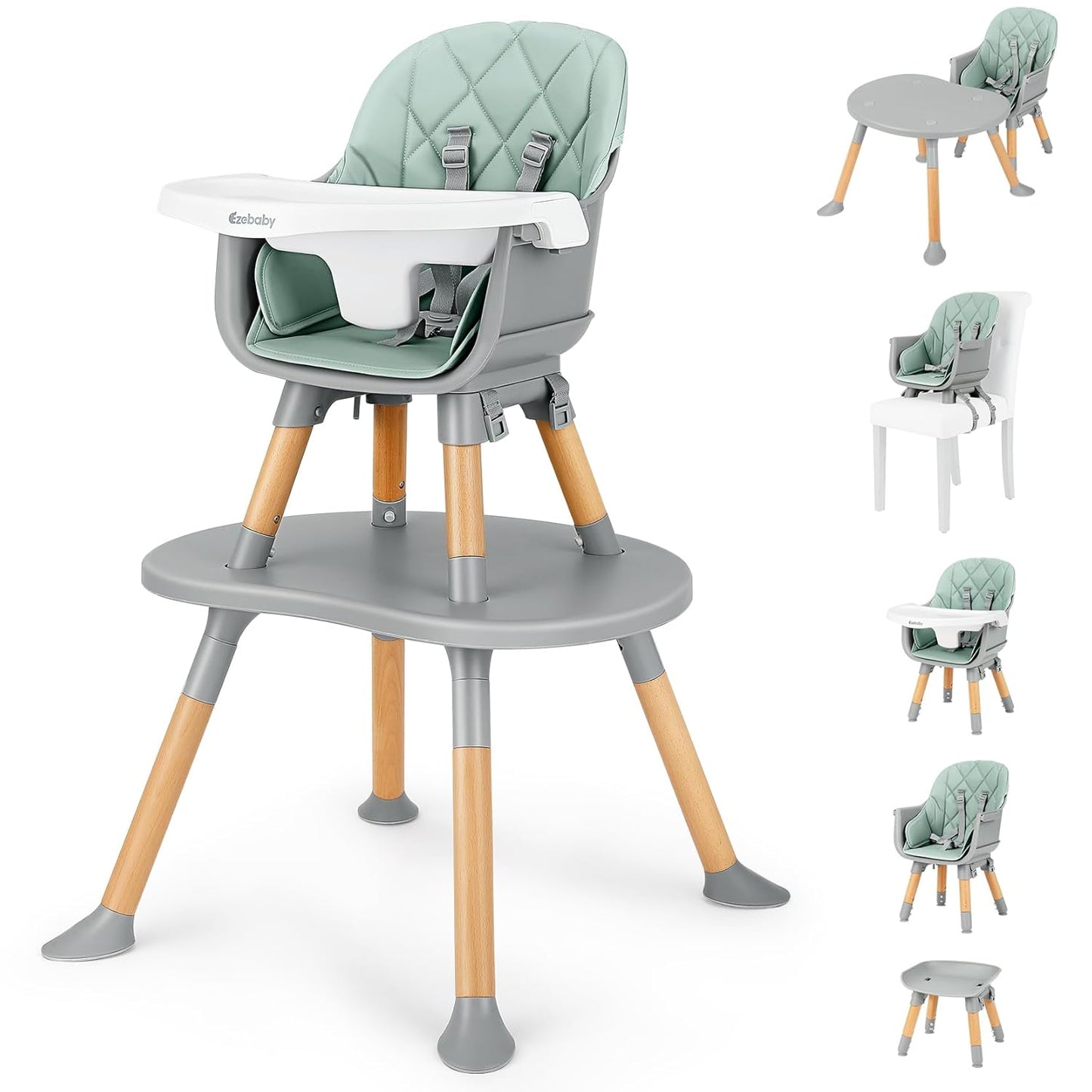 Ezebaby Convertible Baby High Chair with Table & Seat, 8-in-1 Adjustable Toddler Feeding Chair, Multi-Stage Infant to Kid Dining Booster Seat with Safety Harness, Easy to Clean & Sturdy Design(Green)