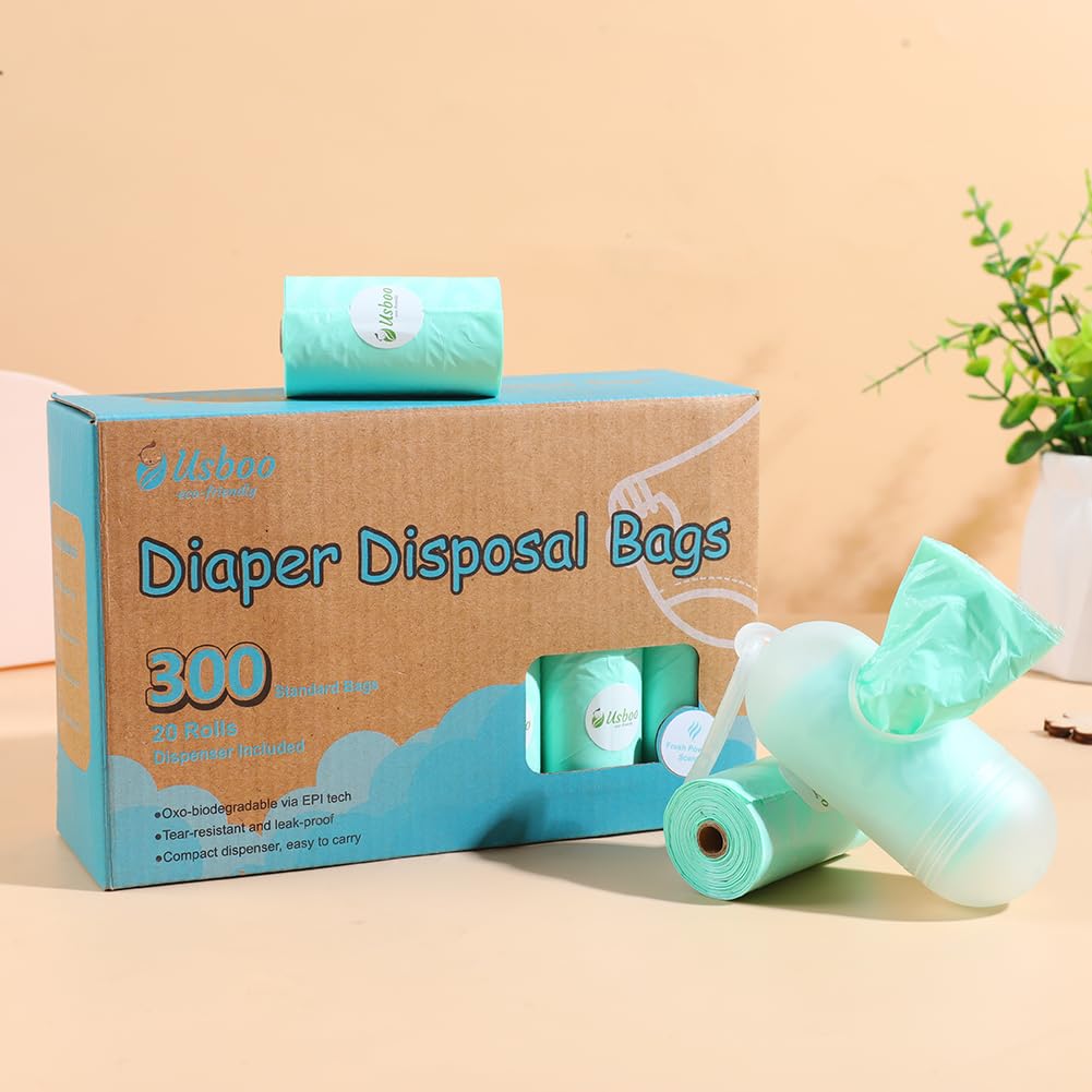 Diaper Bags Disposable for Baby - 20 Refill Rolls (300 Pack) Diaper Trash Bags with Dispenser, Diaper Bag Accessory, Fresh Powder Scent