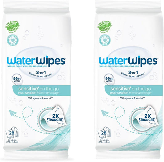 WaterWipes On The Go Wipes, 99.9% Water-Based Wipes for Travel, Sports, and to Refresh Skin, Unscented & Hypoallergenic, 28 Count (2 Pack)