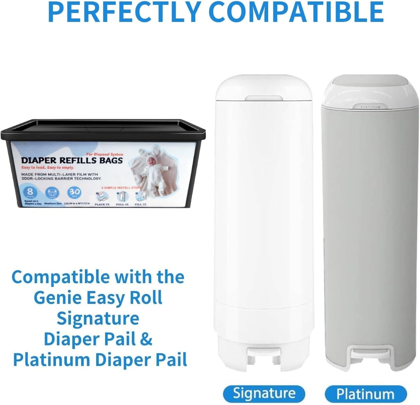 Diaper Pail Refills Bags with 30 Bags, Compatible with Genie Easy Roll Signature Diaper Pail and Platinum Diaper Pail, 7-Layer Odor-Barrier Technology, 2 Pack (60 Bag)