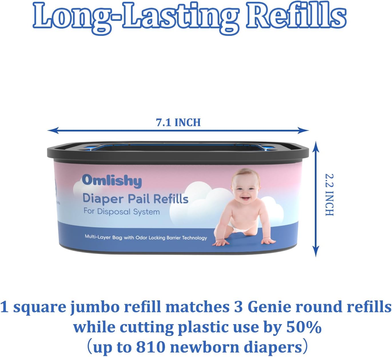 Jumbo Square Bags Refill Compatible with Diaper Genie Compact, Select Pails (Not Fit Classic), Max Odor Control, Disposal Bag Refills with Continuous Film, Holds Up to 810 Newborn Diapers, 4 Pack