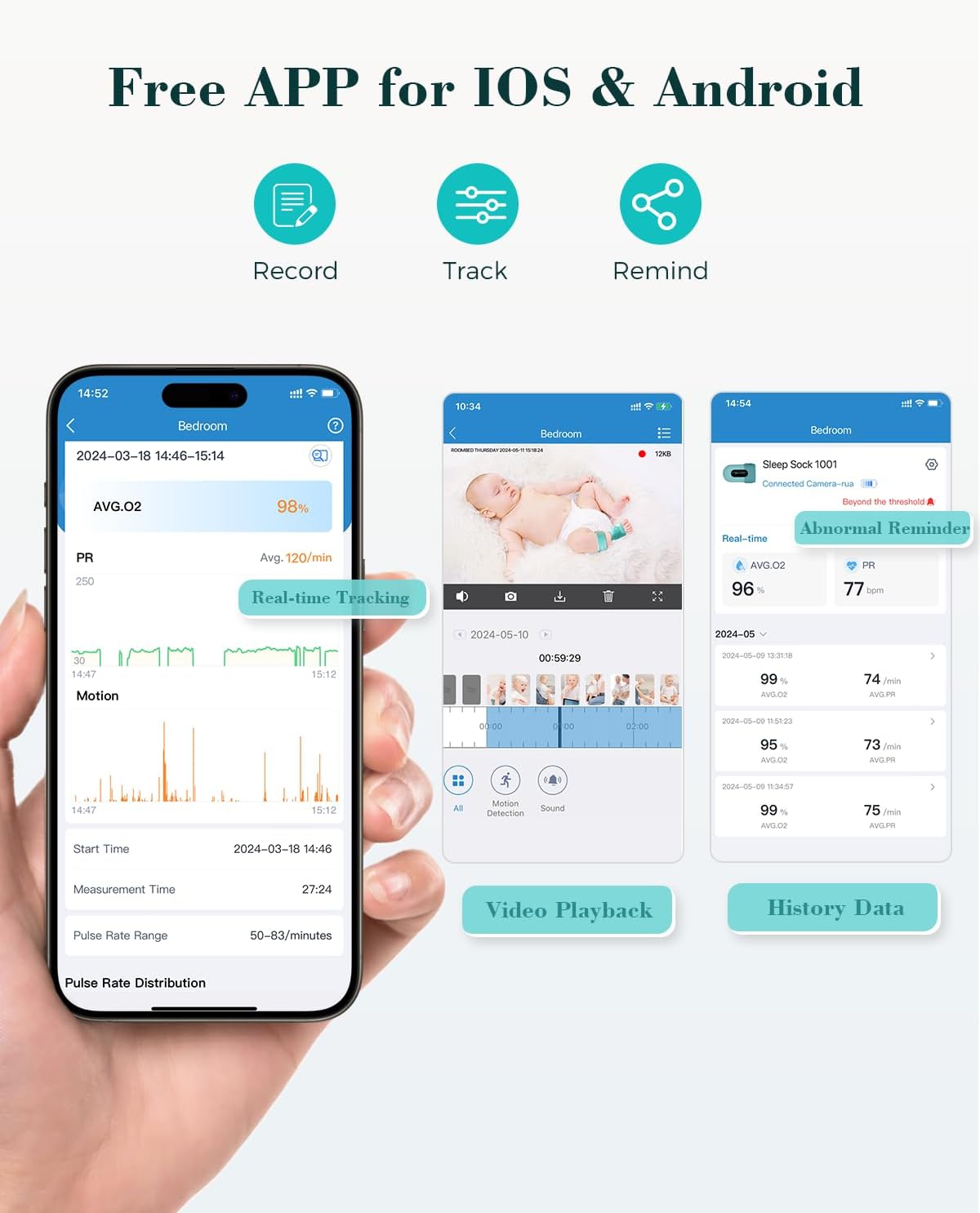 Babytone Baby Monitor - Smart Sleep Sock & 2.5K HD Camera, Track Heart Rate and Movement, Cry/Motion Detect, Two-Way Audio and Night Vision Baby Monitor with APP