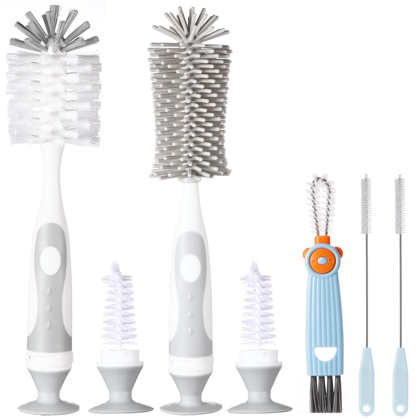 5-in-1 Baby Bottle Cleaner Set, Including Nylon & Silicone Bottle Brush, Cap, Straw & Nipple Brushes, BPA-Free (Grey)