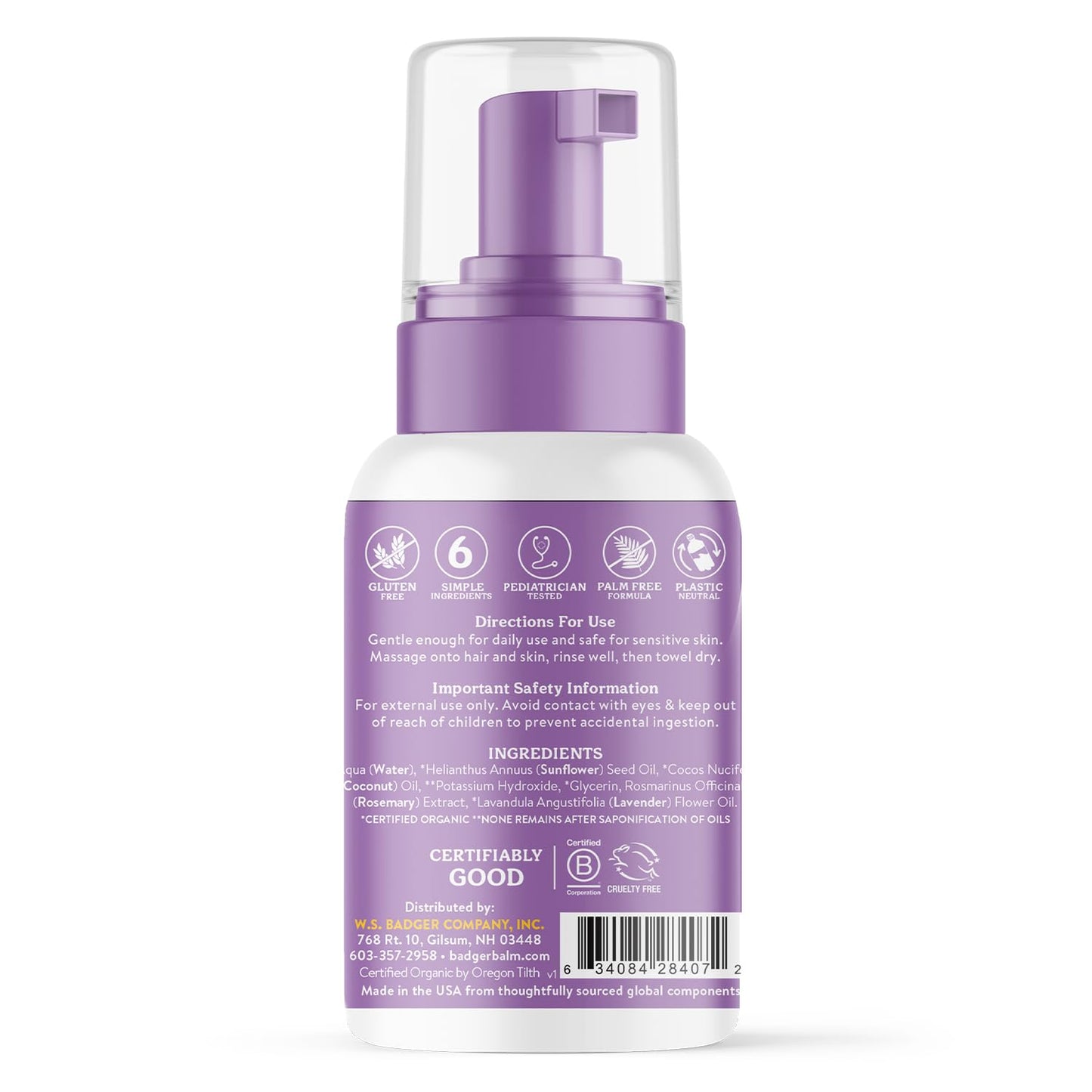 Badger Foaming Baby Shampoo and Body Wash, Gentle Organic Baby Wash w/Mild Calming Scent of Lavender, Long Lasting Foam & Easy to Use Sustainable Bottle, 10 fl oz, 2-Pack