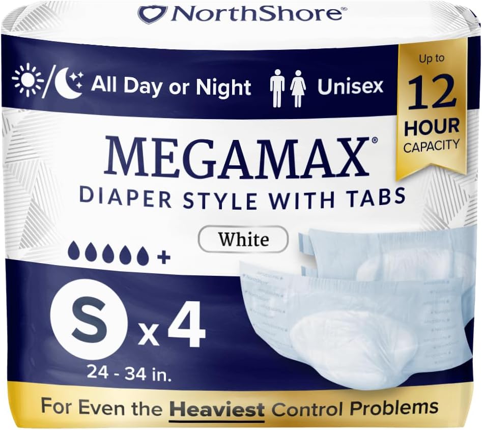 NorthShore MegaMax Adult Overnight Diapers, 12-Hour Tab-Style, Small, 4 Count Starter Pack, White, 24-34 inches, Unisex Incontinence Underwear