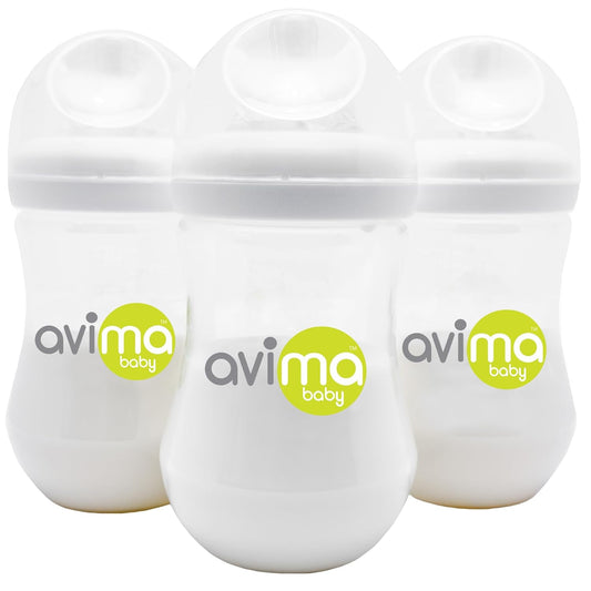 Avima Baby 9 oz Anti Colic Baby Bottles for Breastfed Babies - Medium Flow Nipples, Wide Neck Bottle, BPA Free - 3-6 Months, Stage 2 (Set of 3)