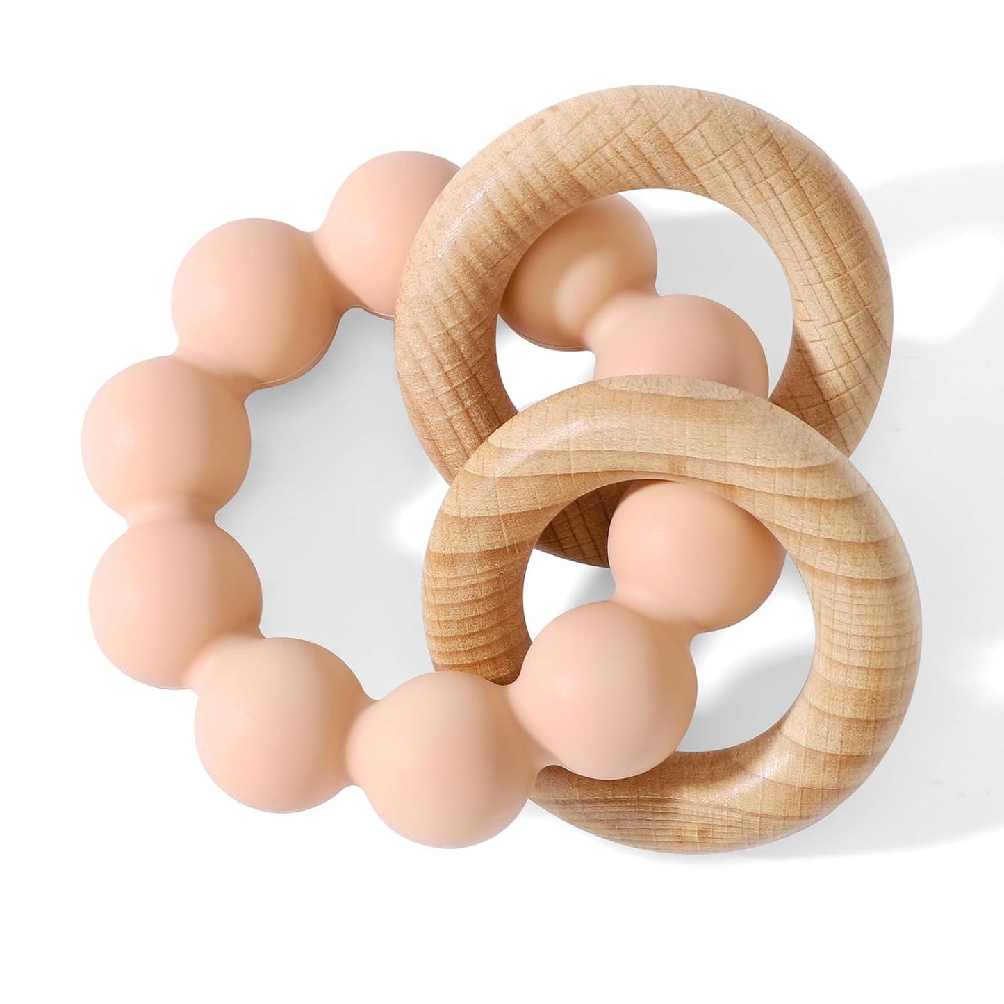 Socub Baby Teething Toys for 0-6 6-12 Months- BPA-Free Food-Grade Silicone & Natural Beech Wood Teether Ring for Newborn Infants Teething Relief- Easy-Grip Sensory Rattle Toys(Blush)
