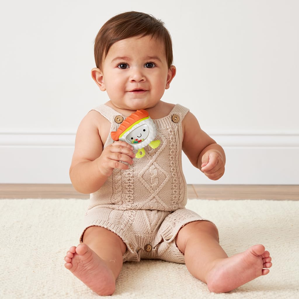 Itzy Ritzy Silicone Rattle Teether– BPA-Free Silicone Teether with Rattle for Babies & Toddlers – Features a Gentle Rattle Sound, Colorful Beads & Multiple Textures (Sushi)