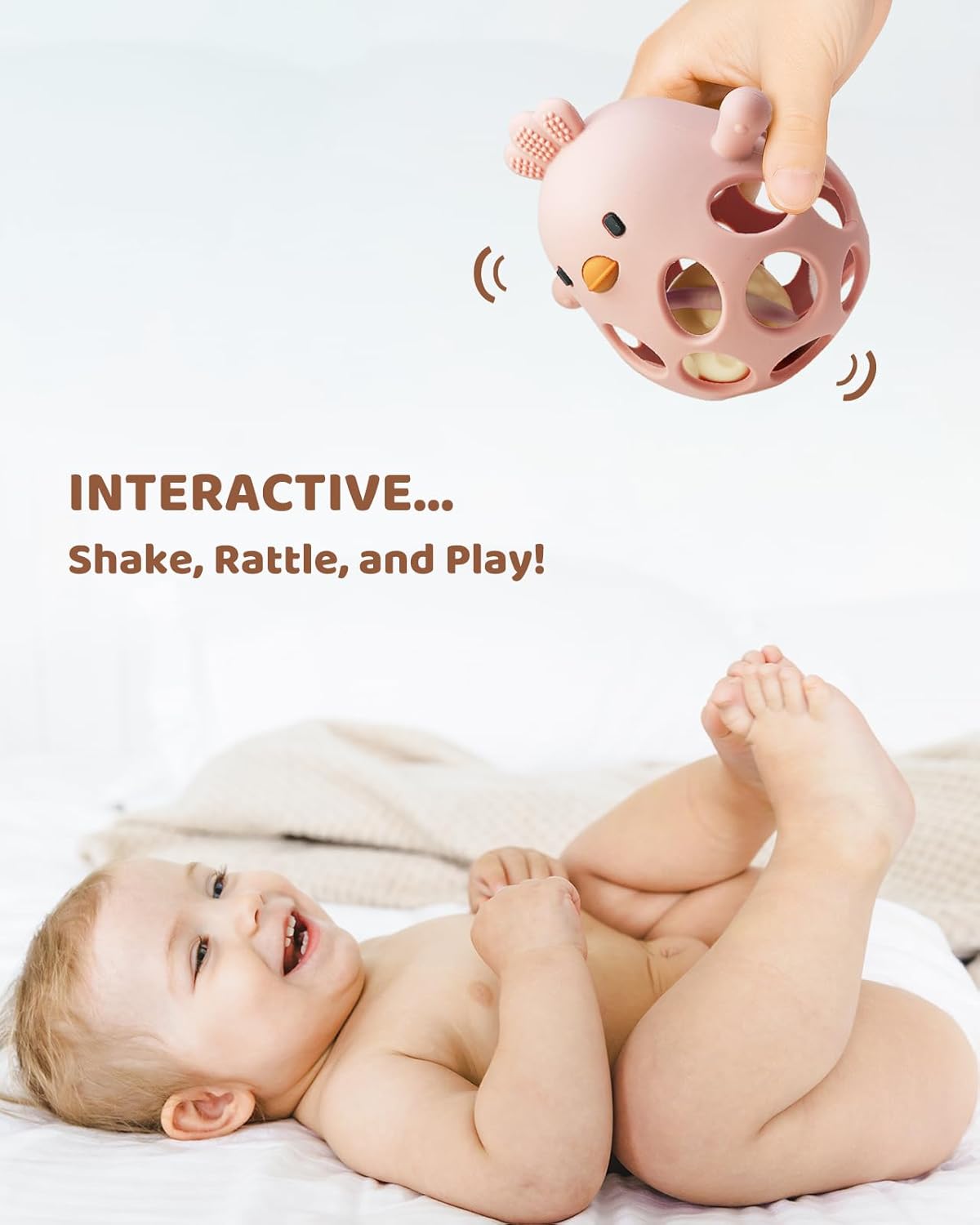 2-in-1 Baby Teething Rattle Toy, Sensory Grasping Teether for Infants 3-12 Months, 100% Food-Grade Silicone, Easy to Hold, Soothing & Developmental, BPA Free