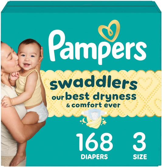 Pampers Swaddlers Diapers, Size 3 (13-26 lbs), 168 Count, Absorbent, Keeps Baby Dry and Comfortable, Skin Safe Disposable Baby Diaper (Packaging May Vary)