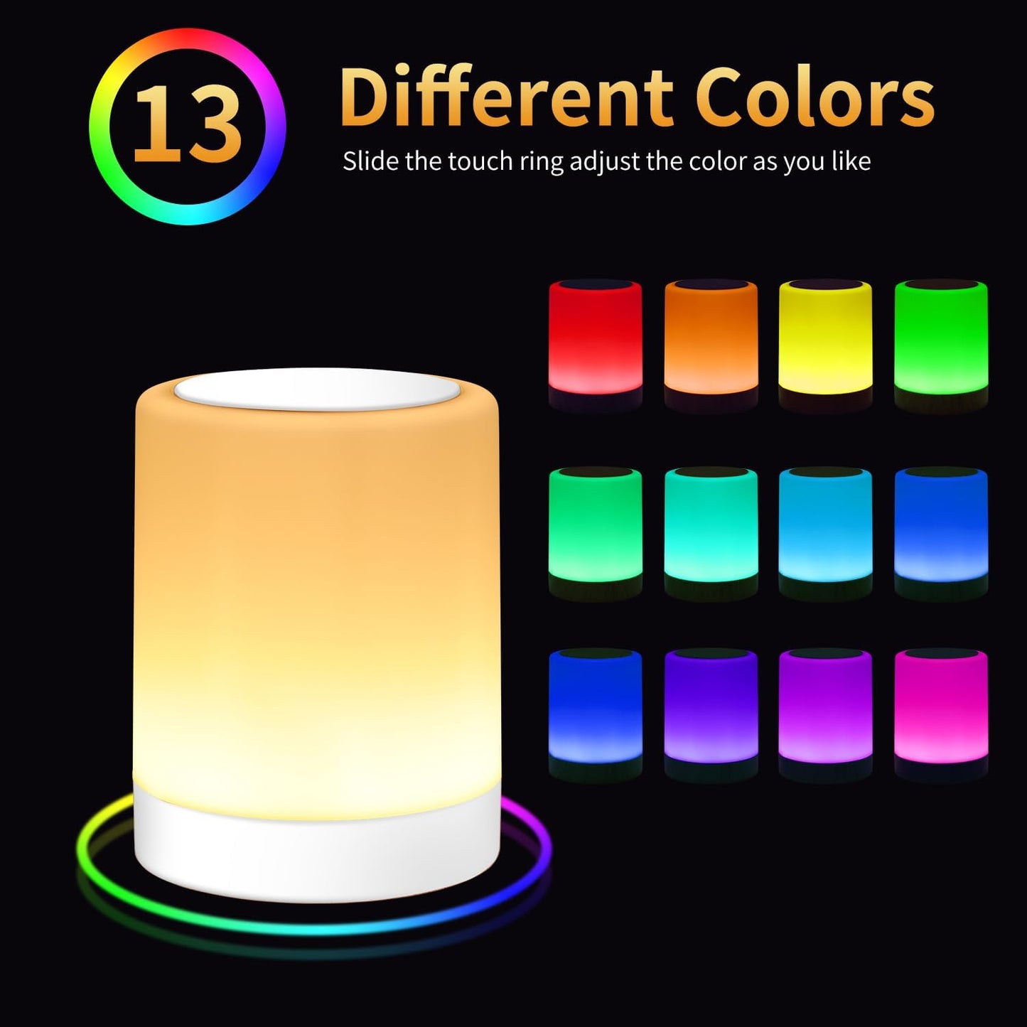 OORUN Touch Bedside Table Lamp,13 RGB Colors & 5 Brightness, USB Rechargeable Desk Lamp, Remote Control Dimmable Night Light with RGB Color Changing,Portable Lamp for Baby (2 Pack White)