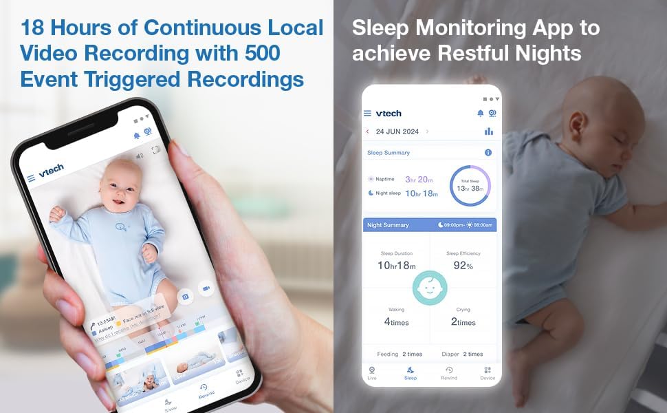 VTech V-Care VC2105 1080p FHD Over-The Crib Mount Smart Baby Monitor 5” 720p LCD Screen,Table Stand,Remote Access,Versatile Placement,Intelligence Detection, Sleep Analysis,18hrs Recording,with WiFi