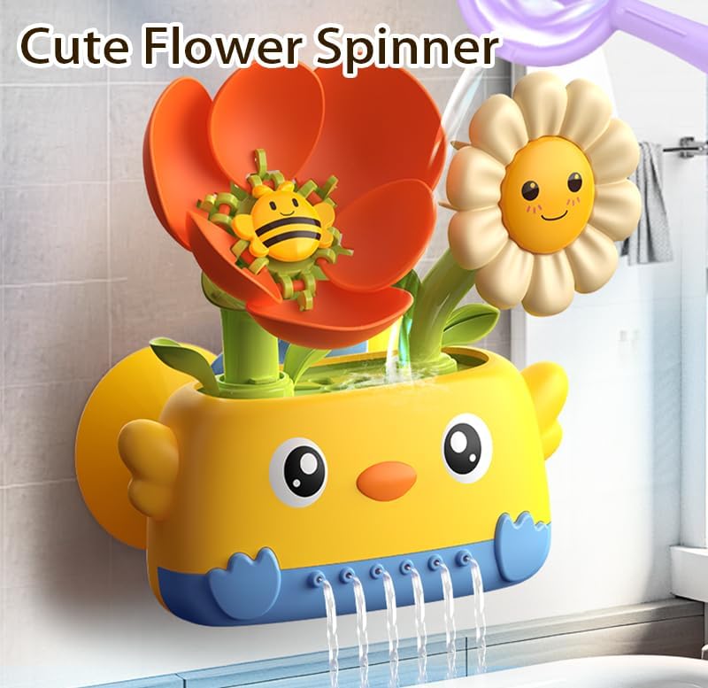 Durable Bath Toys for Toddlers 1-3 with Spinning Flower, Baby Waterfall Bathtub Toy W/Suction Cup and Spoon,Kids Bathtub Shower Play Set for Fun Bath Time Play