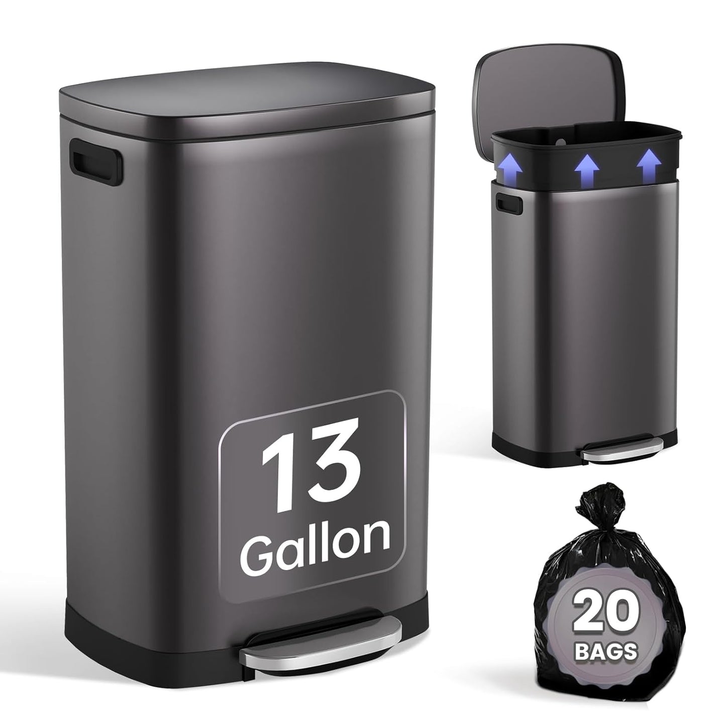 ELPHECO Kitchen Trash Can with Lid Soft Close, 13 Gallon / 50L Stainless Steel Pedal Garbage Can, Heavy-Duty Step Wastebasket with 20 Bags, Removable Bucket, Home Office, Titanium Black