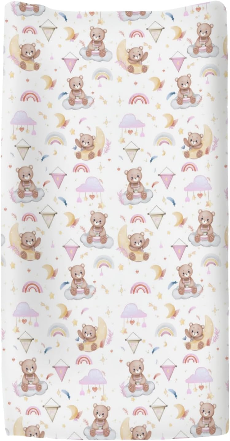 Watercolor Bear Rainbow Pink Changing Pad Covers for Baby Girls Cute Bears Moon Stars Clouds Fitted Change Table Covers Mats Animal Soft Diaper Changing Table Sheets for 32''×16'' Contoured Pad