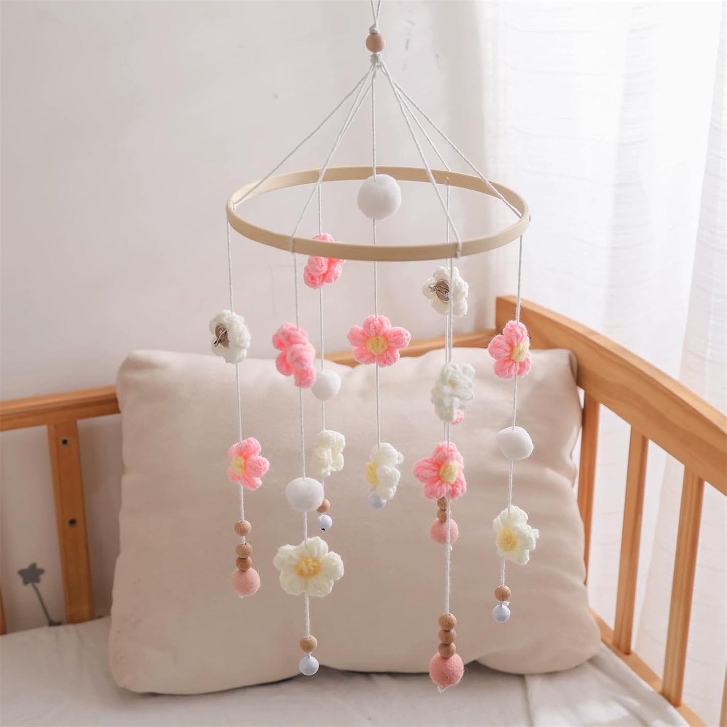 Baby Mobile for Crib - Modern Baby Mobile - Nursery Mobile for Girl or Boy - Hand-Crocheted Colourful Little Flower - Baby Crib Mobile for Boys Girls (B)