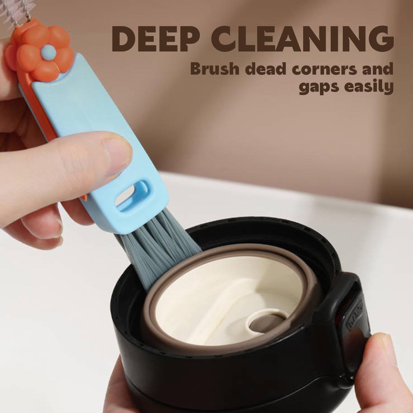 3-in-1 Cup Lid Cleaning Brush Set, 3 PCS Multifunctional Cleaning Brush with Cup Mouth, Gap, and Corner Brushes, Plastic Nylon Bristles, White and Blue, 3 Count