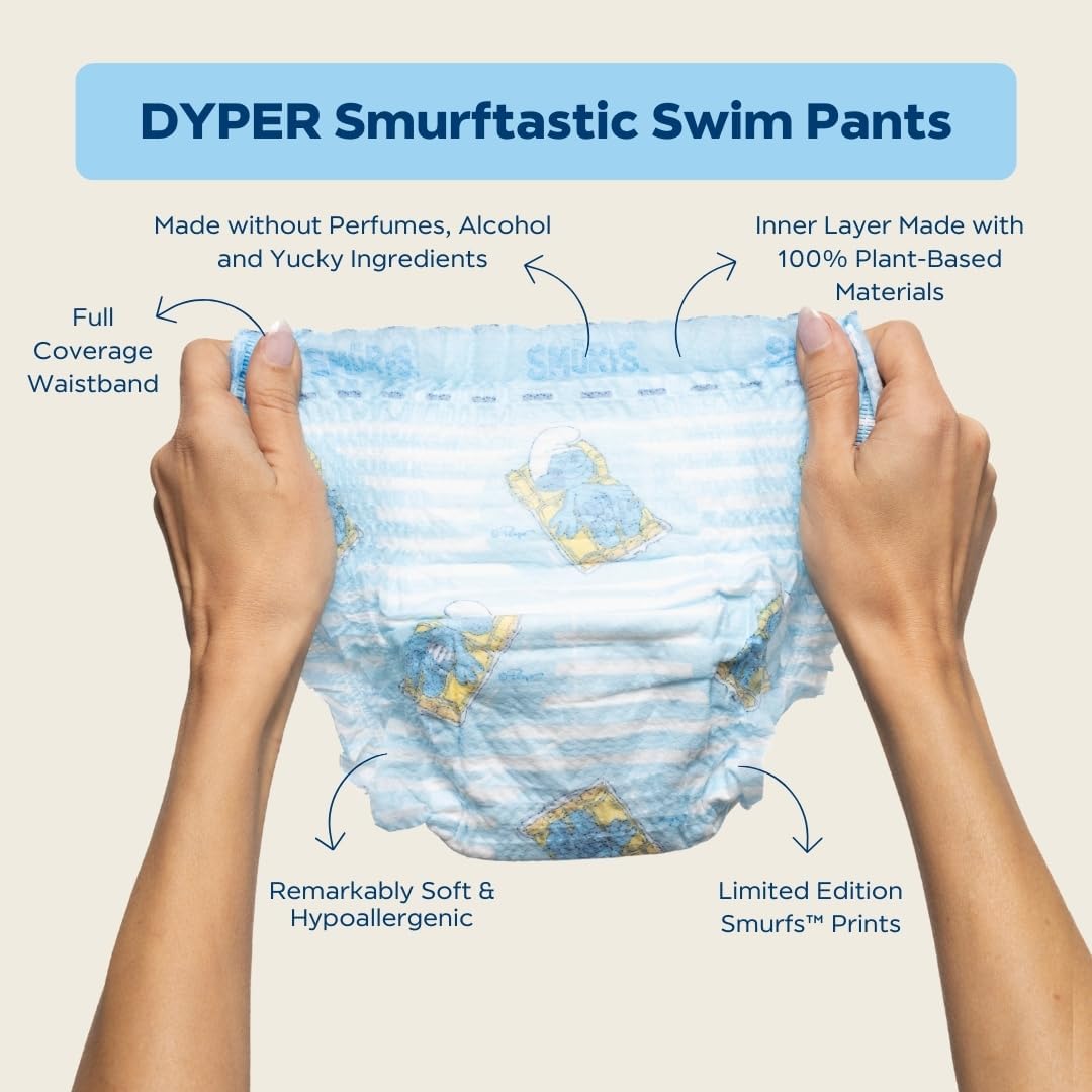 DYPER Smurftastic Baby Swim Diapers, Hypoallergenic Plant-Based Disposable Swim Diapers | Eco-Friendly & Absorbent Swimming Diapers for Babies, Size L (18 Count)