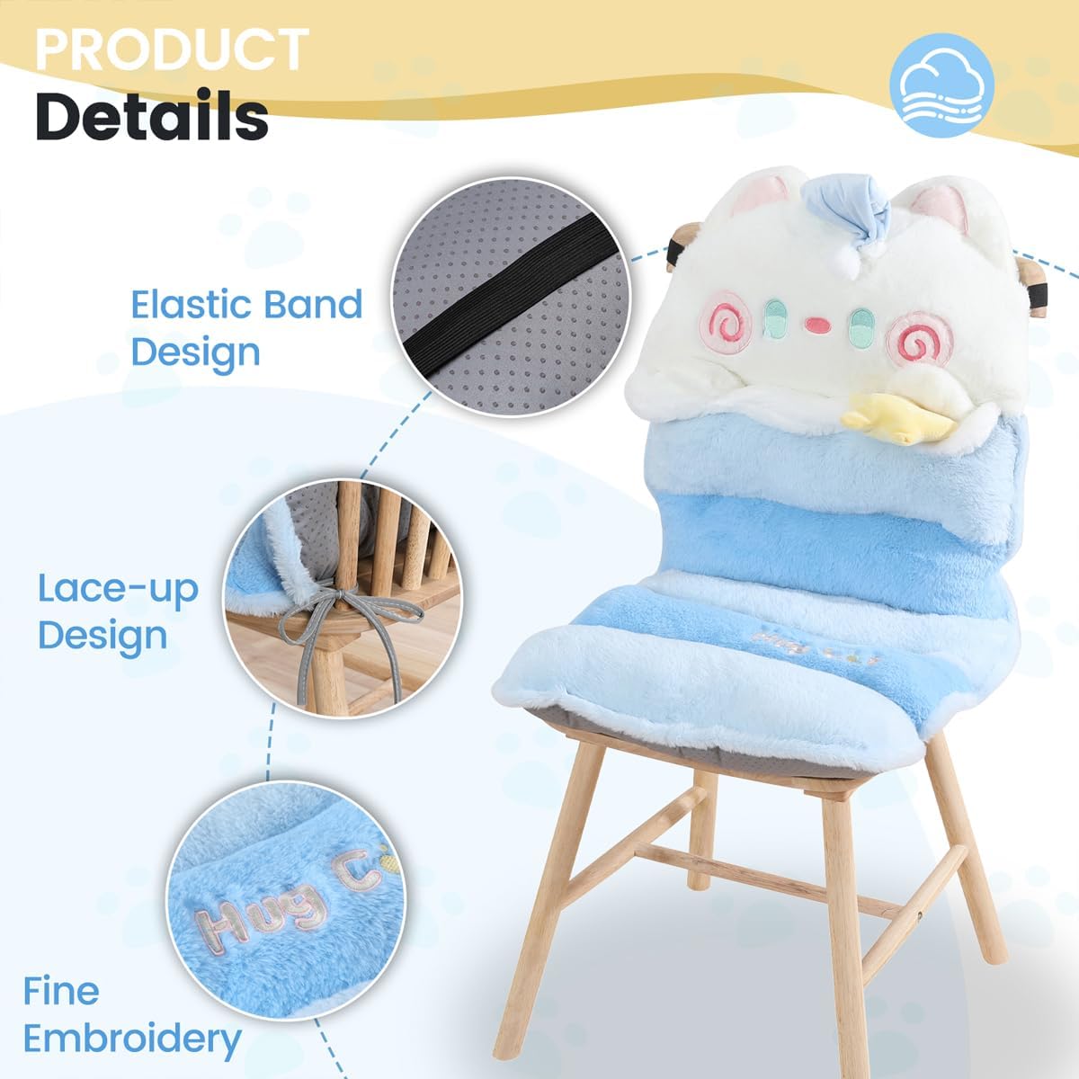 Cartoon Cat Seat Pads Non Slip Machine Wash Soft Cushion for Bedroom Décor, Gamer and Dining Chairs (35"x17", Blue)