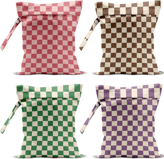 4 Pack Cute Wet Bag Waterproof Washable Reusable Wet Dry Bag for Swimsuit Dirty Clothes Cloth Diaper Beach Pool Yoga Gym Party Camping Toiletries Travel Beach Essentials Colorful Checkered