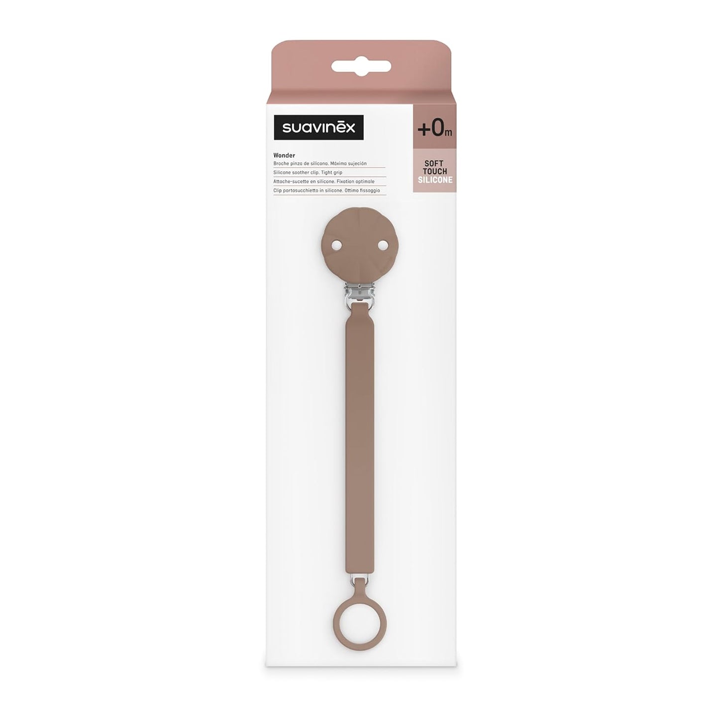 Suavinex Wonder Silicone Baby Pacifier Clip, Spain's #1 Baby Bottle and Pacifier Brand, Paci Clips for Babies, Essentials, Raw Umber