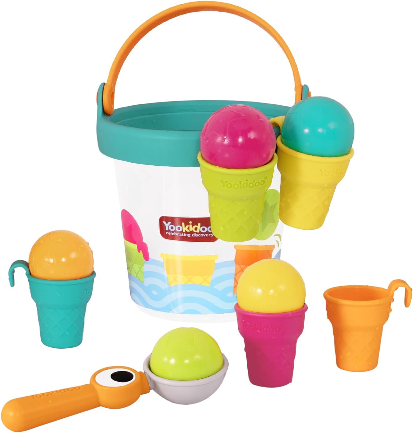 Yookidoo Ice Cream Bucket - Baby Bath Toys Scoop 'N' Splash Set with Floating Cups and Ice Cream Scooper - Water Toys for Toddlers Bathtime Fun
