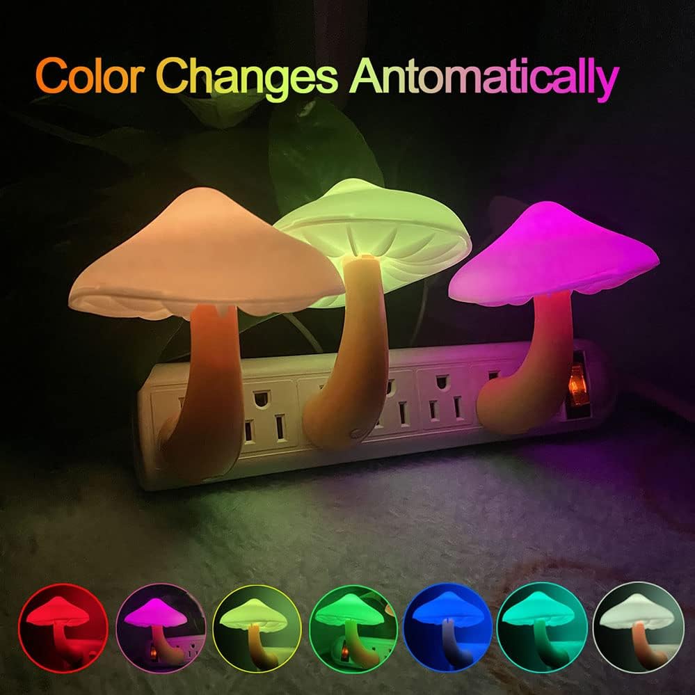 [3 Pack Plug-in LED Mushroom Night Light Lamp with Dusk to Dawn Sensor,Plug in Bed Cute Nightlight lamp Wall Baby Lights for Kids Children (7-Color)