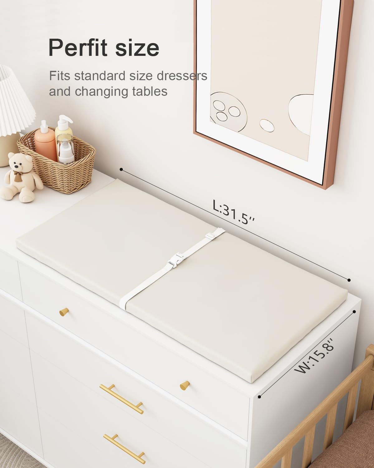 Wipeable Baby Changing Pad for Dresser and Table, Cozy Diaper Changing Pad with Waterproof & Wipe-Clean Leather Cover, Standard Size (31.5" L x 15.8" W), Off-White