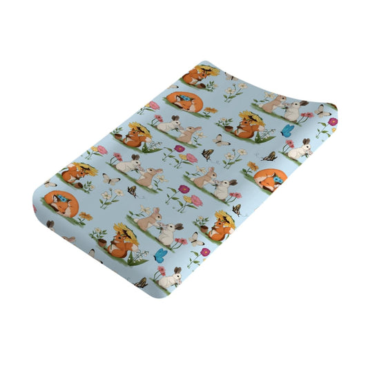 Cute Animals Spring Flowers Baby Changing Pad Covers Boy Girl 32''x16'' Bunny Fox Squirrel Butterflies Floral Fitted Diaper Change Table Mats Forest Soft Breathable Nursery Changing Table Sheets Blue