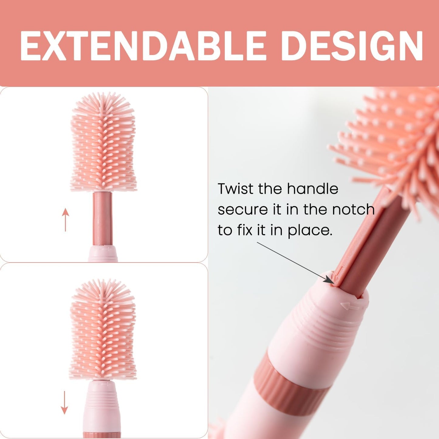 Travel Bottle Brush, 6-in-1 Portable Travel Bottle Cleaner Kit with Small Bottle Brush Built in Drying Rack, Nipple Brush, Straw Brush, Soap Dispenser, for Baby Bottles Under 8 OZ, BPA-Free(Pink)