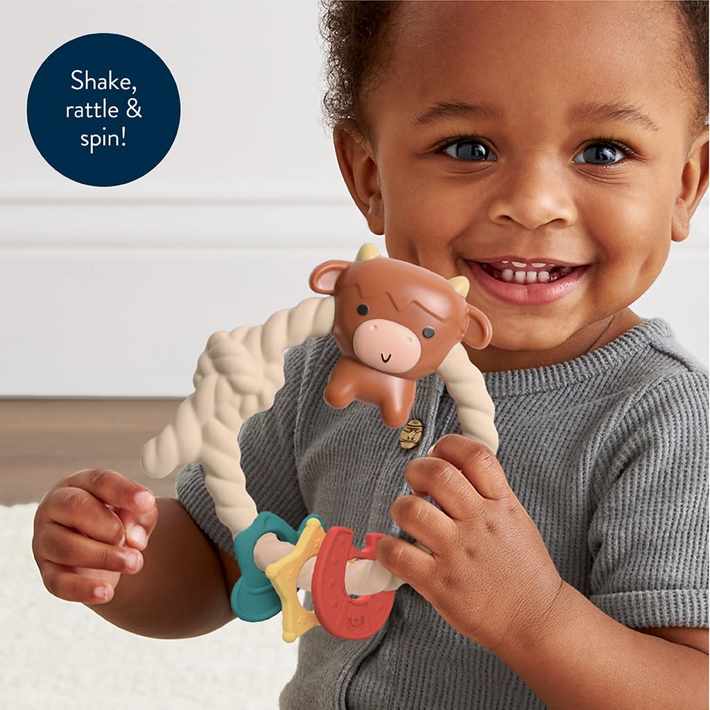 Itzy Ritzy Silicone Teether with Rattle; Rattle Teether Features Rattle Sound, Three Silicone Teething Rings and Raised Texture to Soothe Gums; Ages 3 Months and Up (Highland Cow)