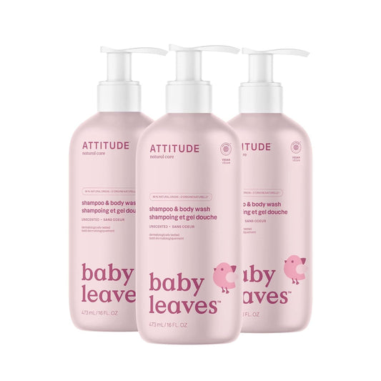ATTITUDE 2-in-1 Shampoo and Body Wash for Baby, EWG Verified, Dermatologically Tested, Vegan, Unscented, 16 Fl Oz (Pack of 3)