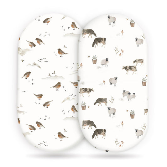 GRSSDER Stretchy Ultra Soft Bassinet Mattress Sheets 2 Pack, Universal Fitted for Baby Cradle Moses Basket Oval Rectangle Standard Pad Safe and Snug, Cute Animal Print Bassinet Sheet for Boys