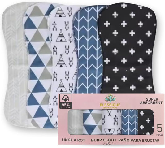 Blessique Burp Cloths Baby 5 Pieces,Waterproof Spill Proof Function, Essentials, Registry Items, Face Cloth, Face Cloth Boy Girl, Panales De para Bebes Stuff (Blue-Blackish)