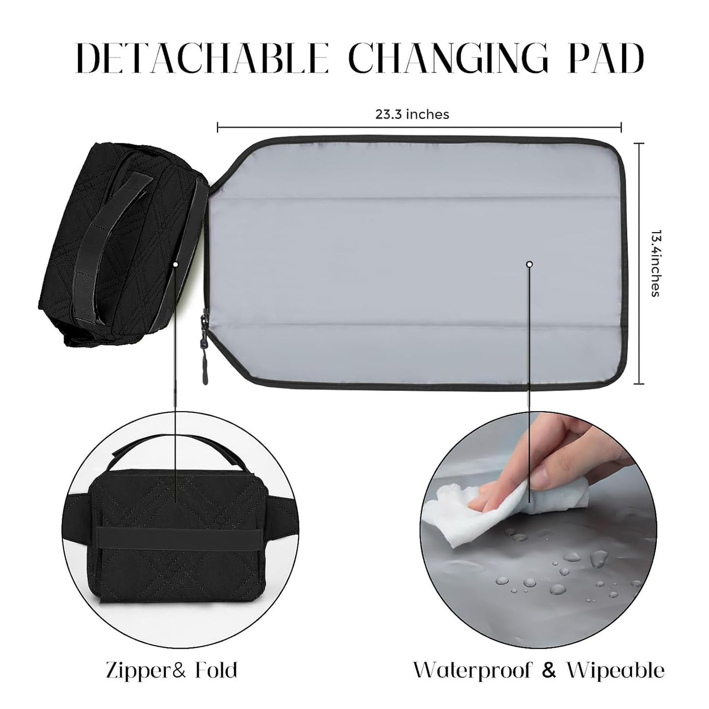 Small Diaper Bag with Portable Changing Pad, Mini Crossbody Diaper FannyPack with Wipes Pocket, Women Waist Bag for Travel (Quilted Black, Large)
