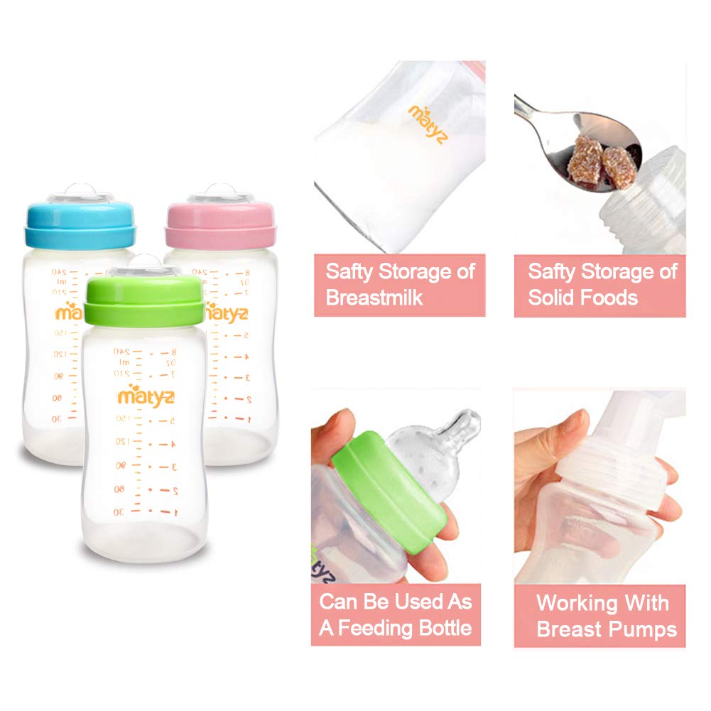 Matyz 6-PACK Breast Milk Storage Bottles (8 Ounce, 3 Colors) - Wide Neck Breastmilk Collection and Storage Bottle - Formula Storage Bottles Compatible With Medela Avent Spectra Pumps