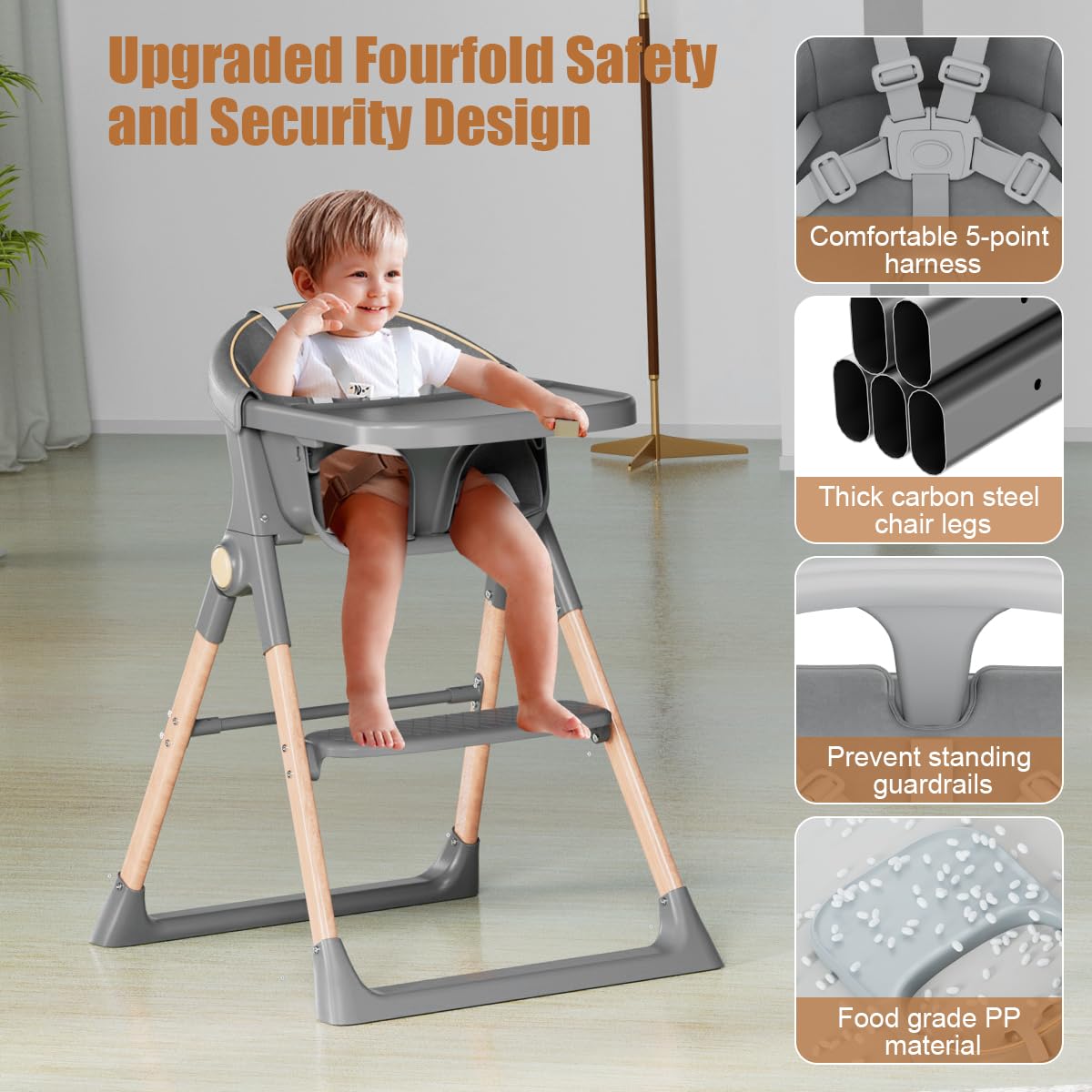 Baby High Chair, High Chairs for Babies and Toddlers, Convertible Folding High Chair with Wheels, Removable Tray 5 Point Harness Footrest Detachable PU Cushion, Portable Highchair for Baby Toddlers