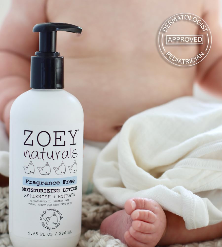Zoey Naturals Fragrance-Free Baby & Toddler Lotion – Pediatrician and Dermatologist Approved - Hypoallergenic, Vegan, Moisturizer for Sensitive Skin – Non-Greasy, Paraben & Phthalate Free – 9.65 oz