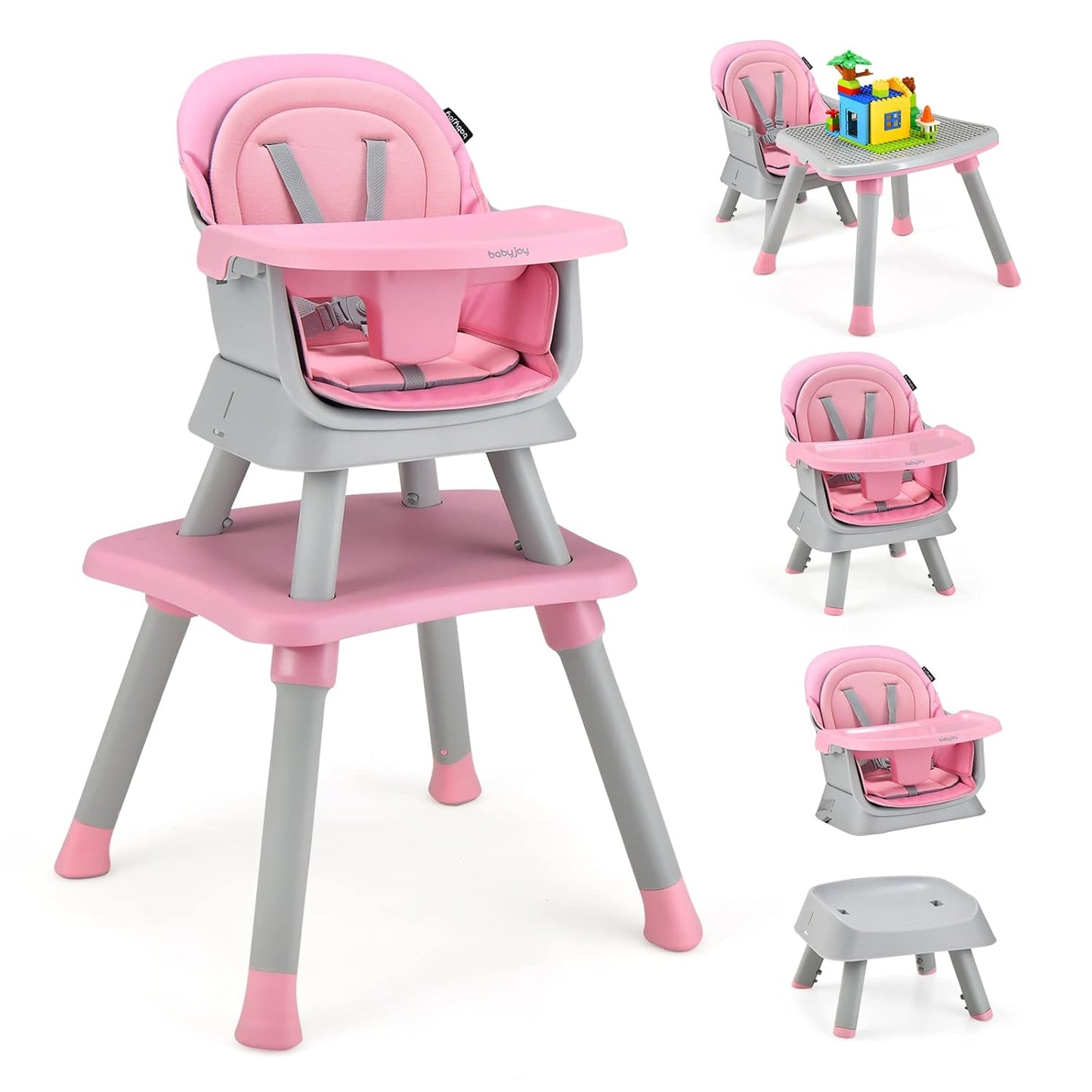 BABY JOY Baby High Chair, 8 in 1 Convertible Highchair for Babies & Toddlers | Booster Seat | Table and Chair Set | Building Block Table | Toddler Chair with Safety Harness, Removable Tray (Pink)