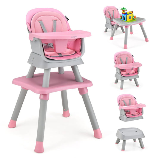 BABY JOY Baby High Chair, 8 in 1 Convertible Highchair for Babies & Toddlers | Booster Seat | Table and Chair Set | Building Block Table | Toddler Chair with Safety Harness, Removable Tray (Pink)