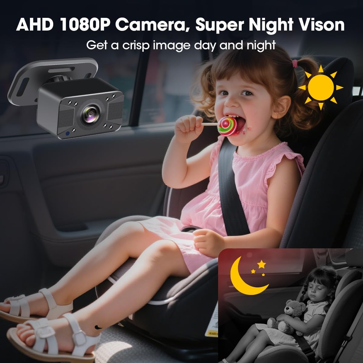 Baby Car Camera 7" AHD Car Baby Monitor with with Apple CarPlay & Android Auto 1080P Car Camera for Baby with Ultra Night Vision 150° Wide Angle, Invisible Infrared Lights【Limited-Time】