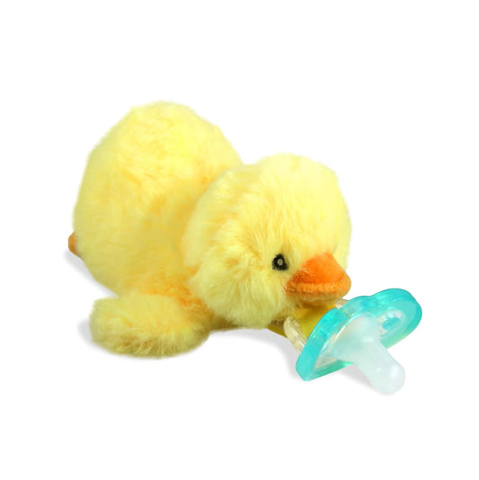 RaZbaby Duck RaZbuddy Stuffed Animal Pacifier Holder for Newborns & Up, Made in The USA, Detachable Orthodontic JollyPop Pacifier, Medical-Grade 100% BPA-Free Silicone, Baby Shower -0 Months+