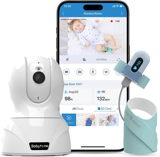 Babytone Baby Monitor - Smart Sleep Sock & 2.5K HD Camera, Track Heart Rate and Movement, Cry/Motion Detect, Two-Way Audio and Night Vision Baby Monitor with APP
