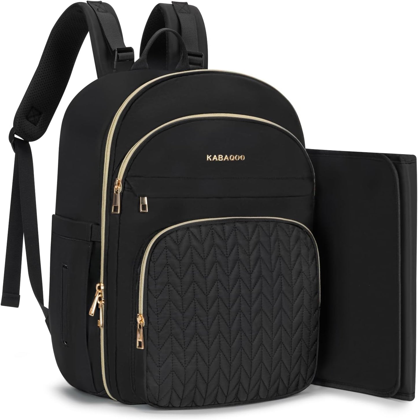 KABAQOO Baby Diaper Bag Backpack, Waterproof Diaper Backpack for Mom & Dad with Changing Pad, Insulated Pockets and Stroller Straps, Baby Shower Gifts for Girls & Boys, Black