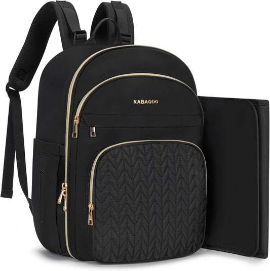 KABAQOO Baby Diaper Bag Backpack, Waterproof Diaper Backpack for Mom & Dad with Changing Pad, Insulated Pockets and Stroller Straps, Baby Shower Gifts for Girls & Boys, Black
