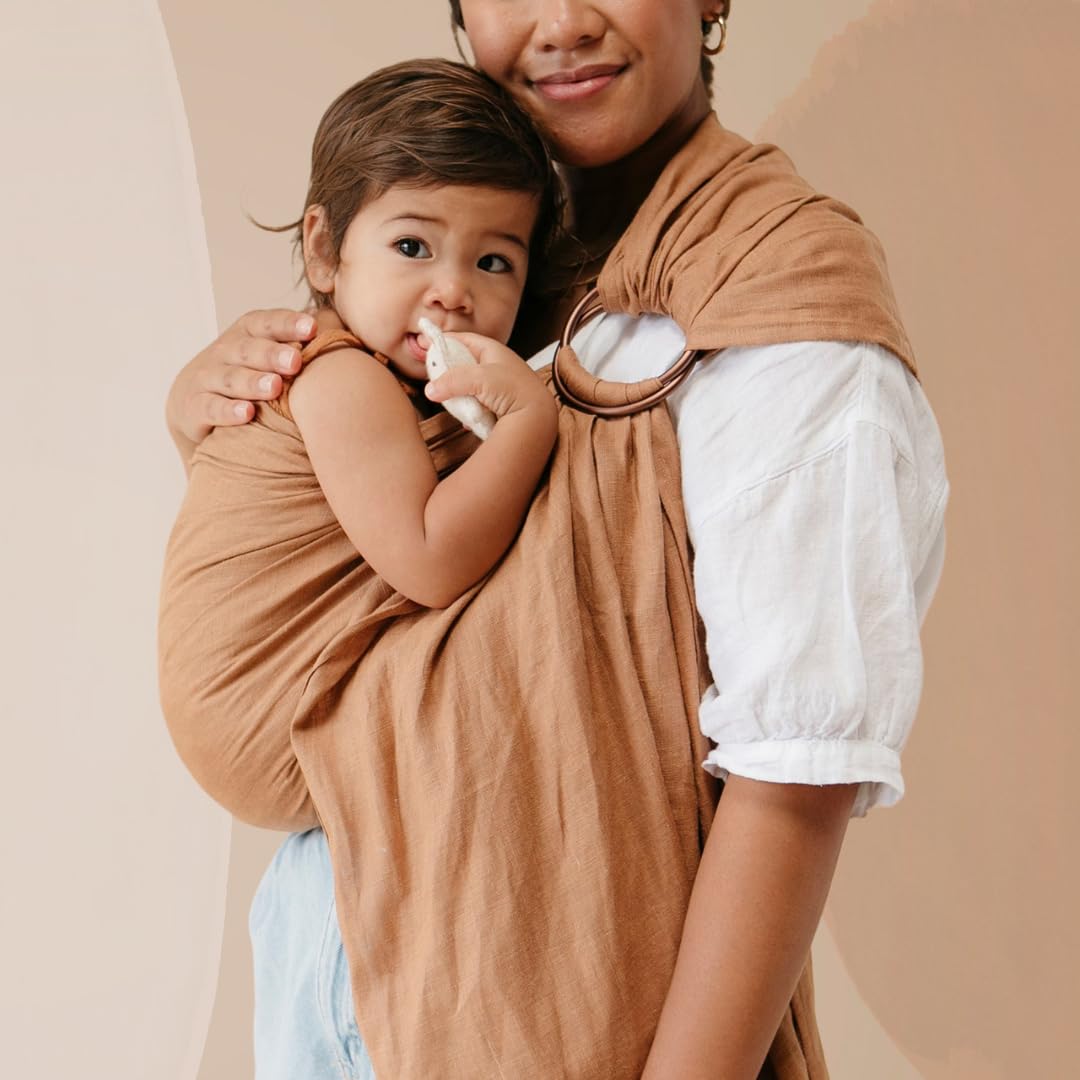 WildBird - Ring Sling Baby Carrier - Newborn to Up to 35 lbs - for Moms, Dads & Caregivers - 100% Natural European Linen Fibers - Versatile & Adjustable - 90” Size - Willow Fabric & Black Ring