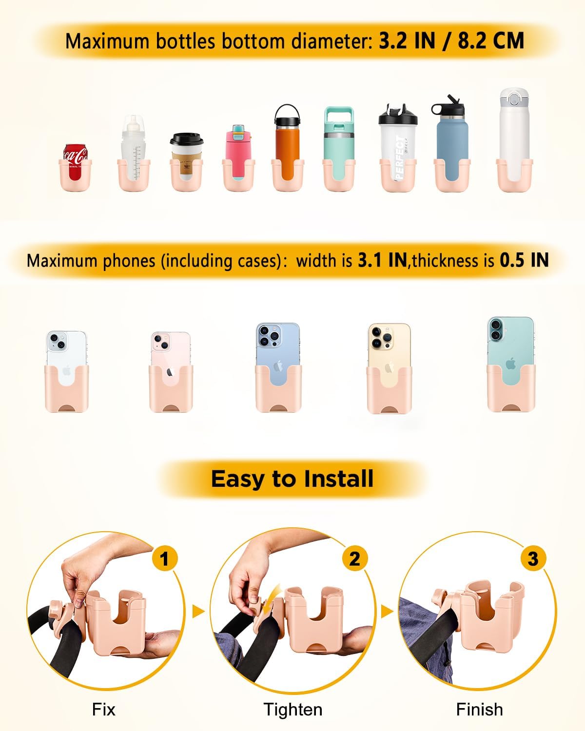 Universal Stroller Cup Holder with Mobile Phone Case, 2-in-1 Strollers Storage Rack, 360 Degrees Rotation Drink Holder for Bike, Pushchair, Wheelchair, Walker,Bicycle, Fits Most Cups (Pink)