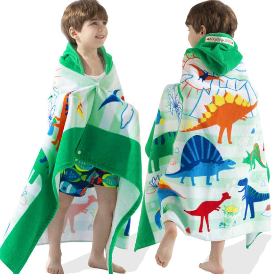 VOOVA & MOVAS Large Kids Hooded Towels | Soft Cotton (30X50 inches) Beach, Bath, Pool Towel with Hood | Summer Beach Stuff for Boys&GirlsAges 3-10 for Toddler,Jungle Dinosaur | Dino